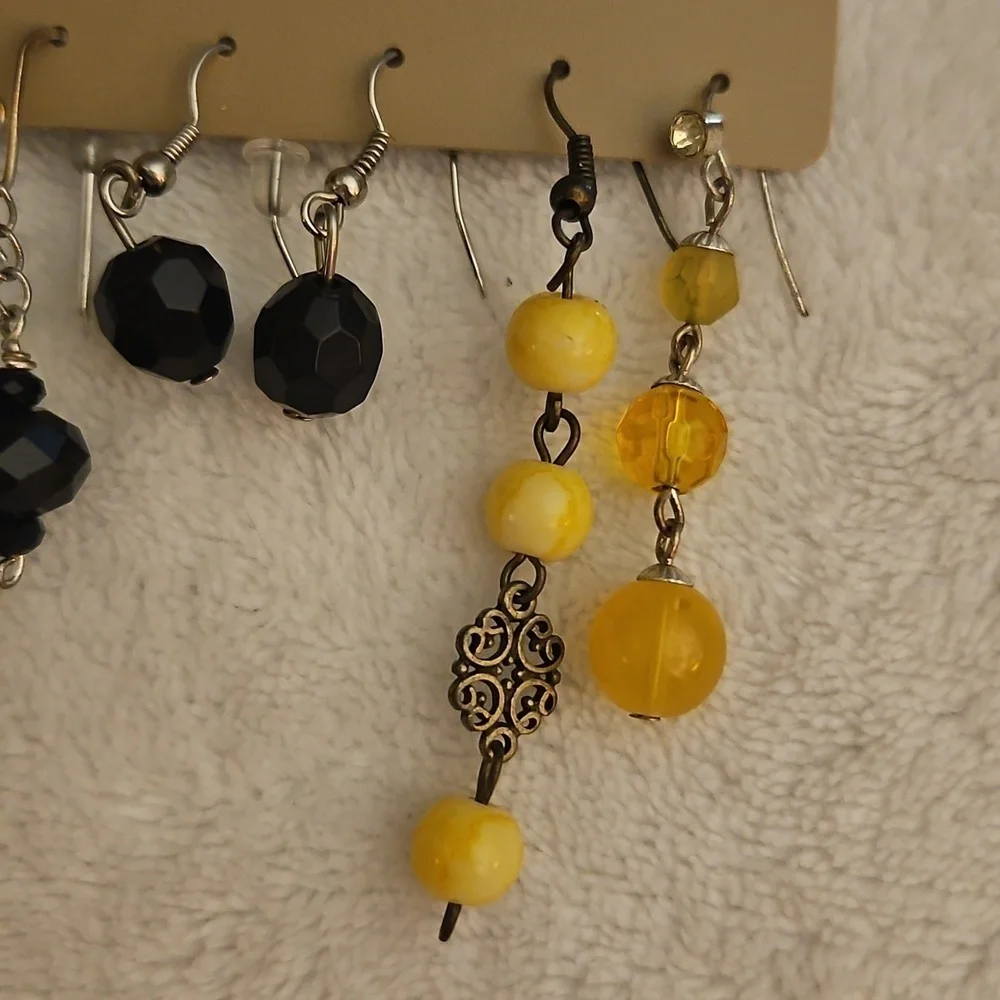 Vintage One Black Pair and Four Green and Yellow Single Dangle Earrings Set